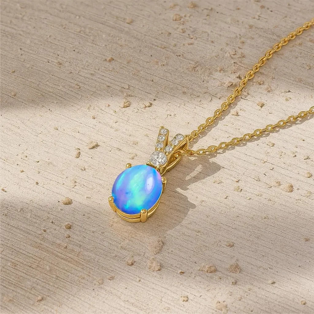 Blue Opal Gemstone Oval Charm Pendant Necklace, Natural Opal Gemstone Necklace