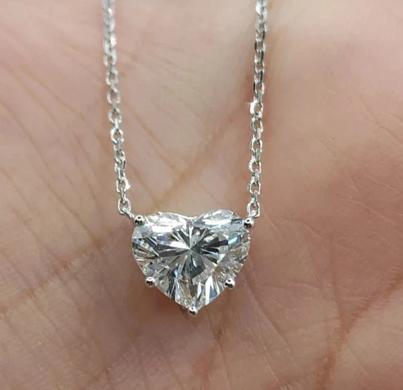 6 Ct Heart Cut Lab Grown Diamond Five Prong Necklaces & Pendants 14K White Gold