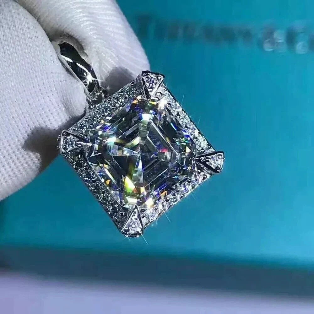 2Ct Assher Cut VVS1 Diamond Halo Pendant 14K White Gold Finish 18″ Free Chain