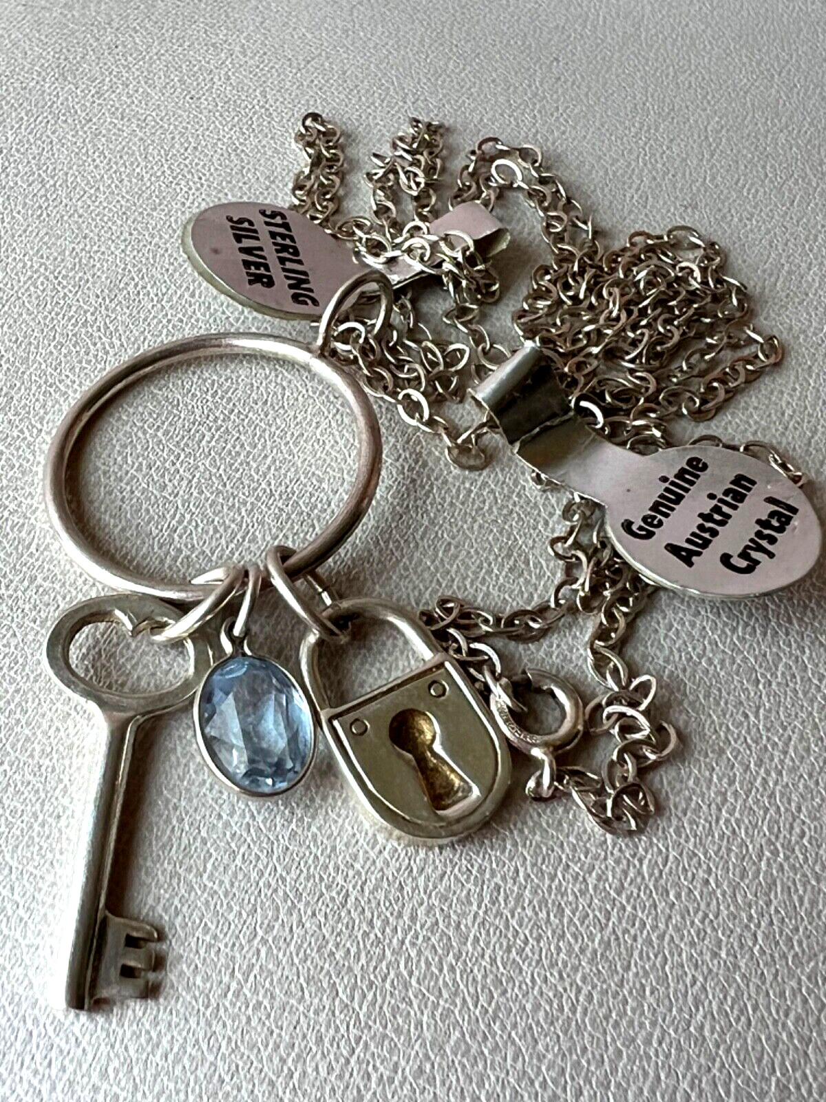 KEY, LOCK, BLUE CRYSTAL LARIAT PENDANT NECKLACE LONG CHAIN 925 STERLING SILVER