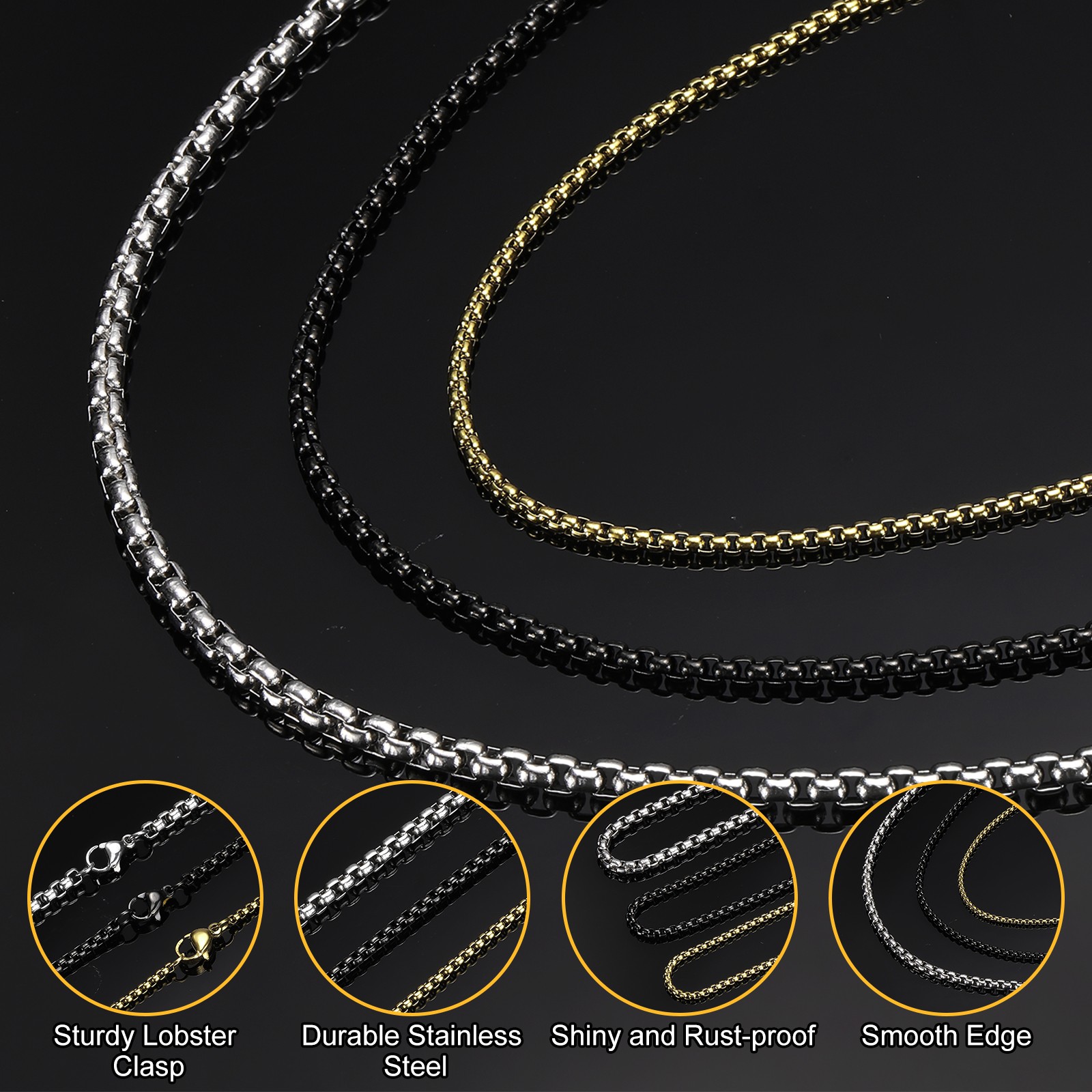 Square Chain Necklaces 2mm 31 Inch Long Round Box Necklace, Gold