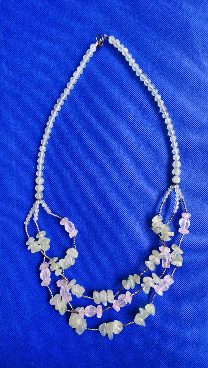 sterling silver Green jade and rosé quartz multiple strands necklace 24″