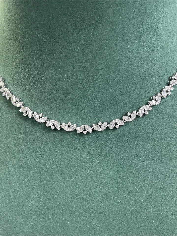 14k Solid White Gold Baguette Natural Diamond Tennis Necklace For Engagement Day