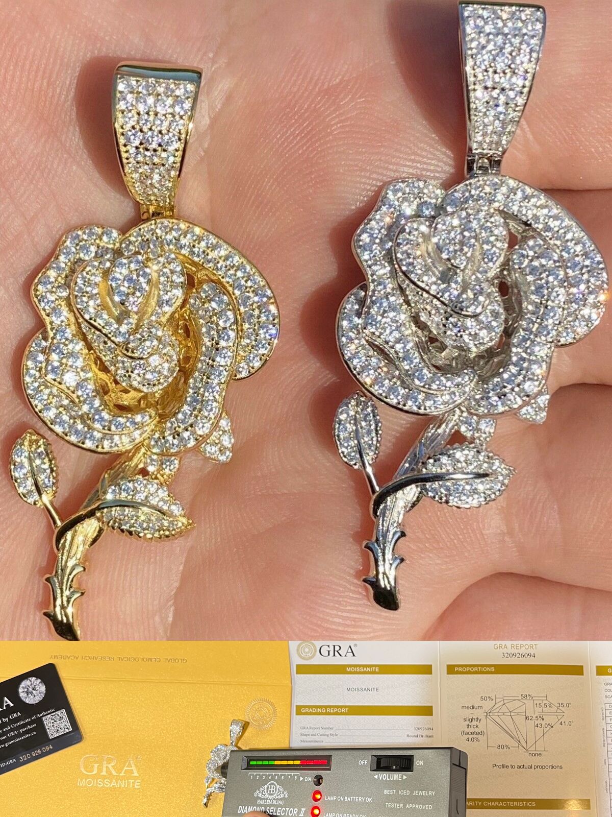 Real MOISSANITE 925 Silver Rose Flower Pendant Necklace 14k Gold Plated Iced