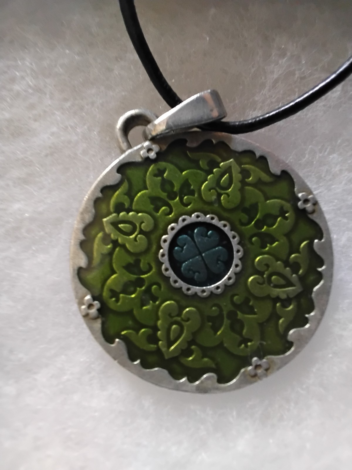 Danforth Pewter Handcrafted Medallion Pendant Green & Blue Mandala 16-17″