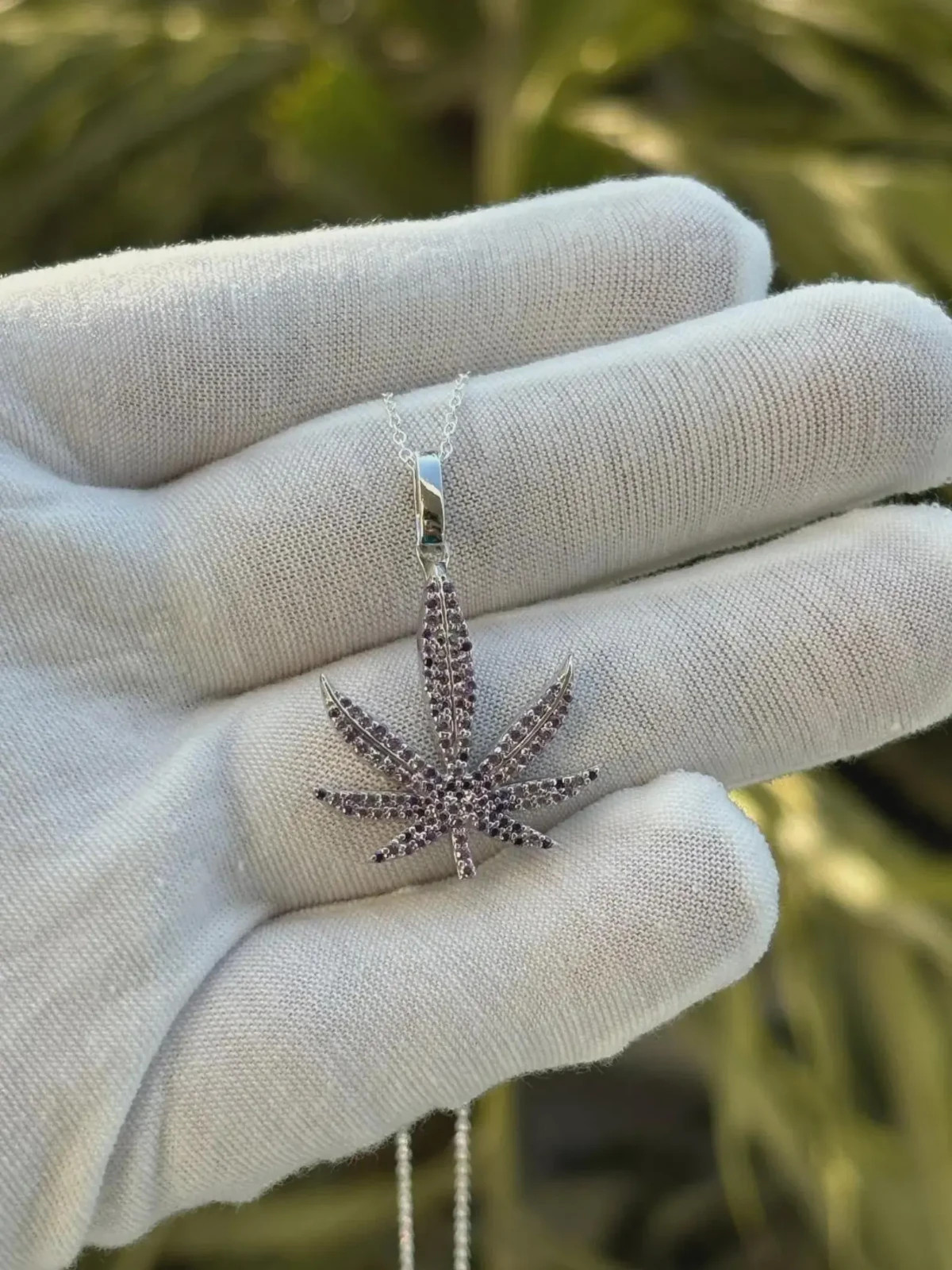 1 Ct Lab Created Purple Amethyst Marijuana Leaf Pendant 14K White Gold Plated