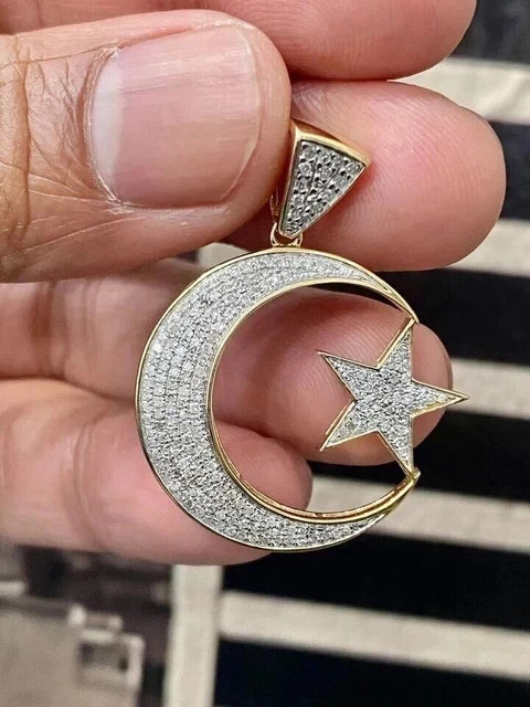2 Ct Lab Created Diamond Crescent Moon Star Pendant 14K Yellow Gold Plated