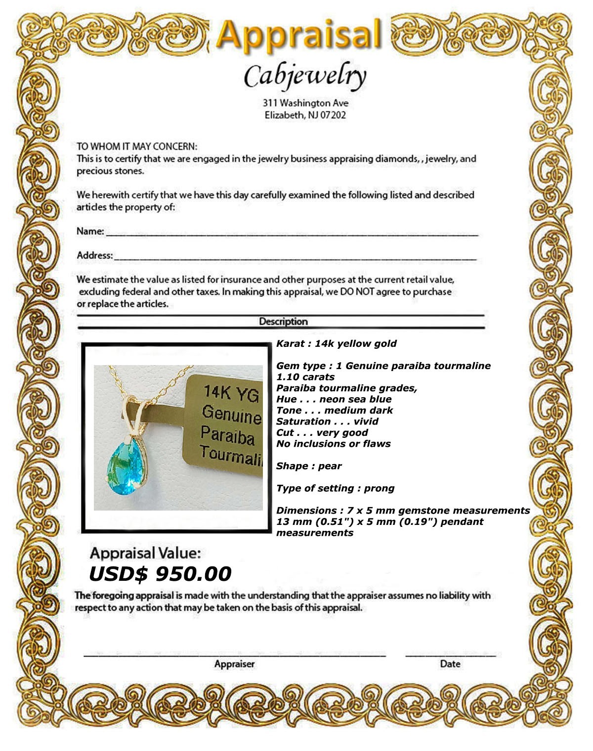 GENUINE 1.10 Cts PARAIBA TOURMALINE PENDANT SOLID 14k GOLD – Free Appraisal