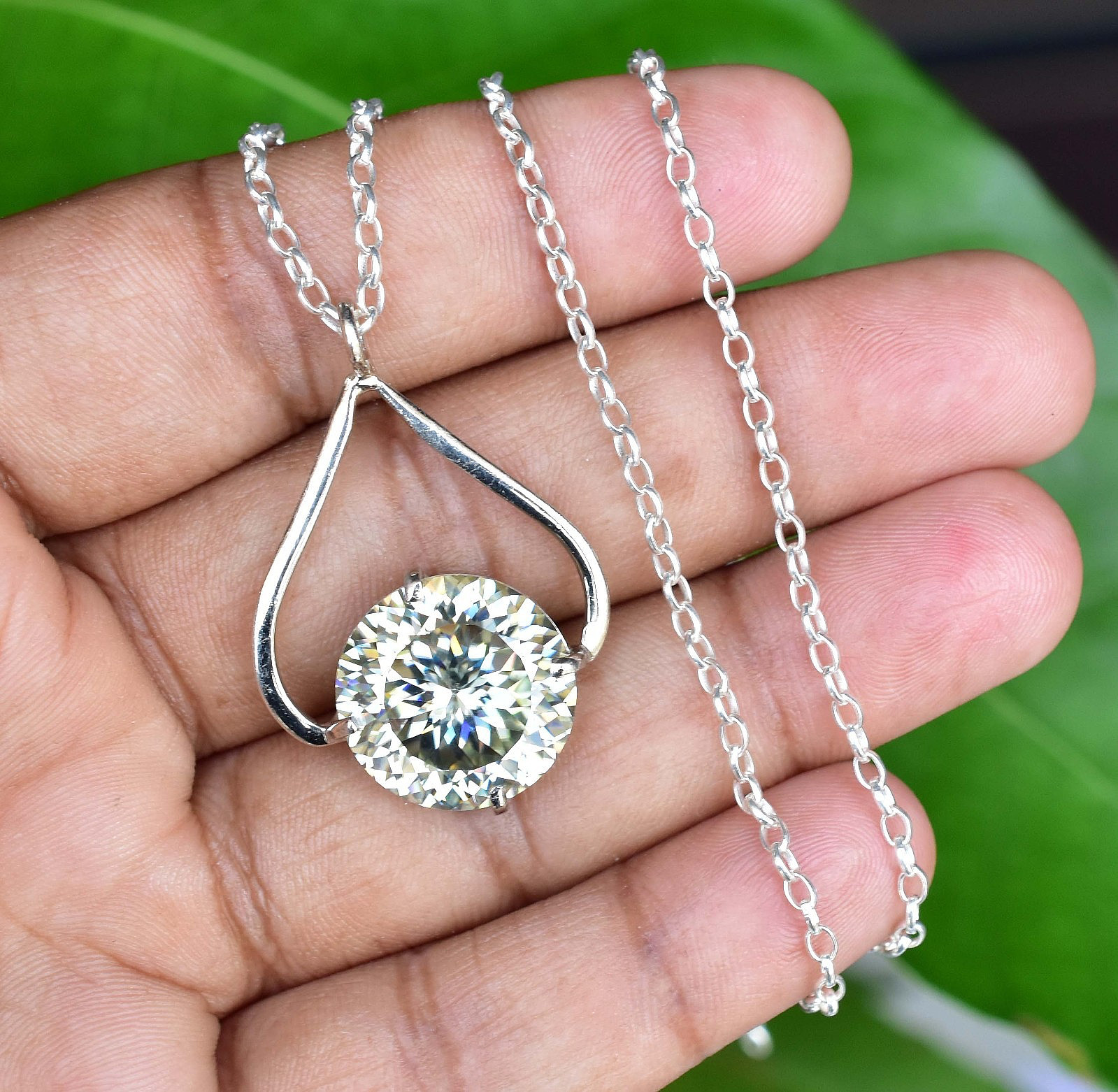 22 TWC Portuguese Cut Moissanite Light Green Fancy 925 Sterling Silver Pendant