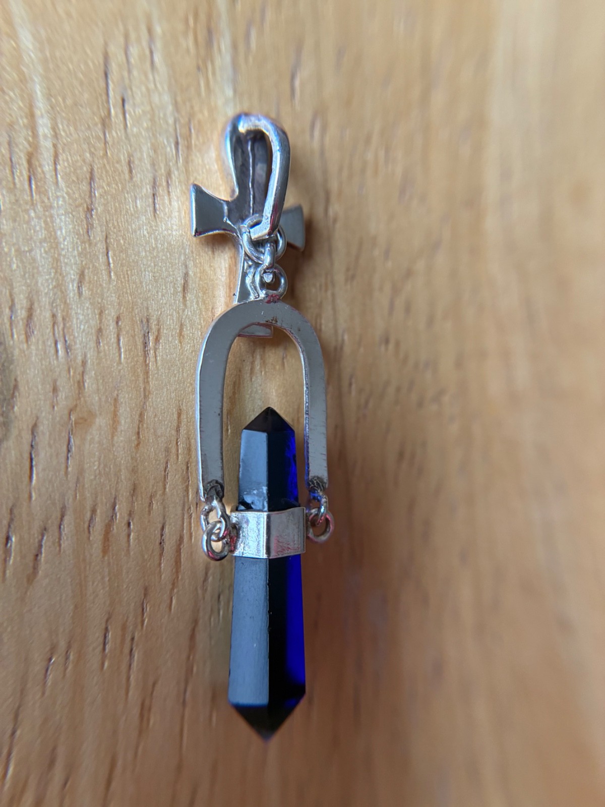 Translucent Blue Hexagon Shape Gemstone Pendant With Silver Ankh Charm