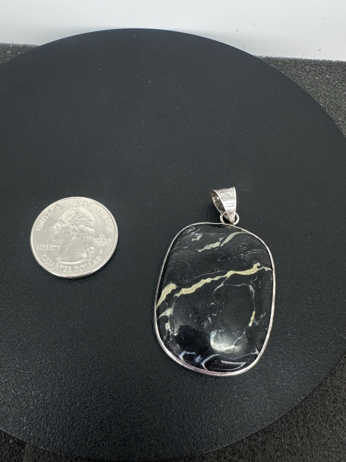 Sterling Silver Unknown Black Stone? Pendant Nice Large Flat Pendant
