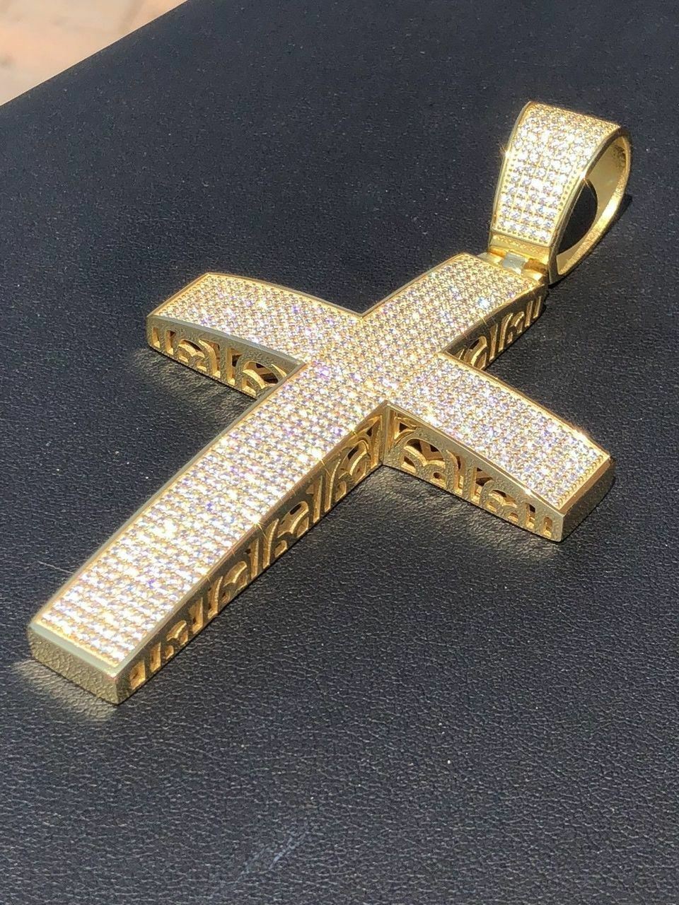 14k Gold Plated Solid 925 Silver Mens Large Cross CZ 3.25” BIG Hip Hop