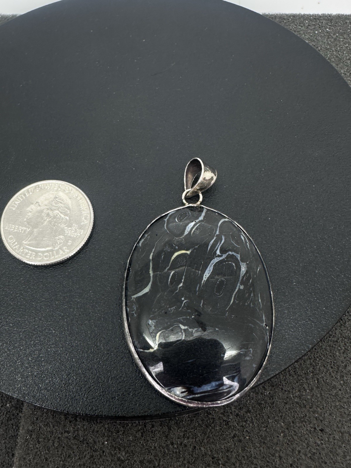 Sterling Silver Unknown Black Stone? Pendant Nice Large Flat Pendant