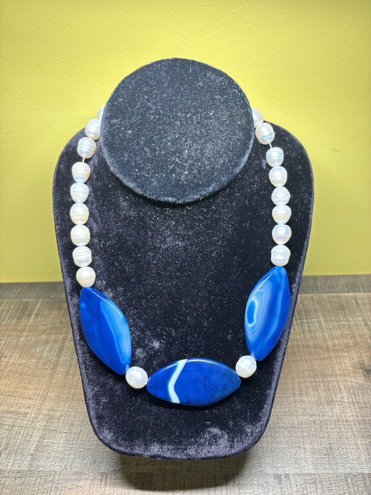 ALUMA AIL 925 Sterling Silver Natural Blue Agate Freshwater Pearl Necklace 17-20