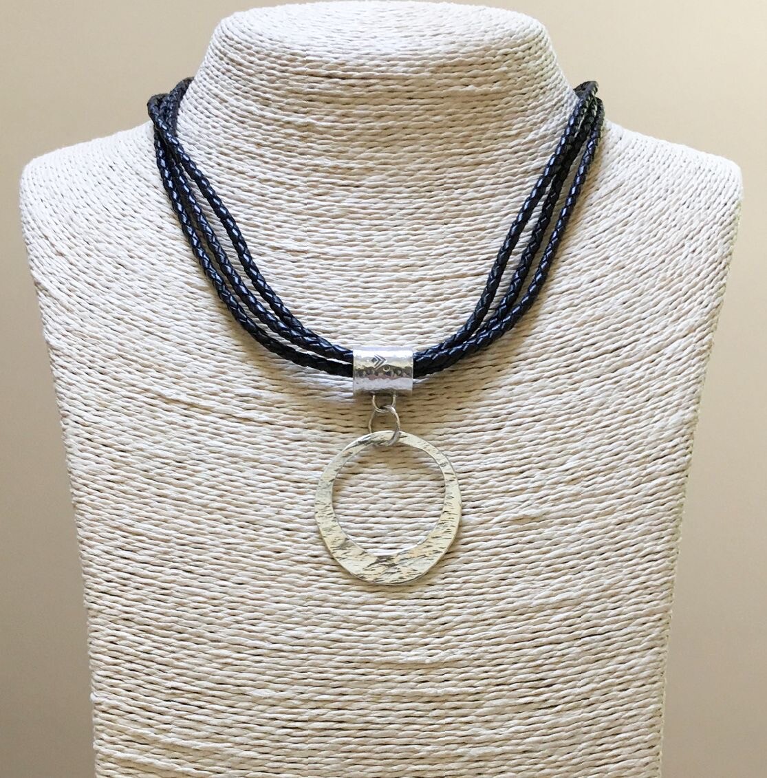 SILPADA Necklace Pendant Sterling Circle N1499 3-Strand Leather VERY GOOD COND