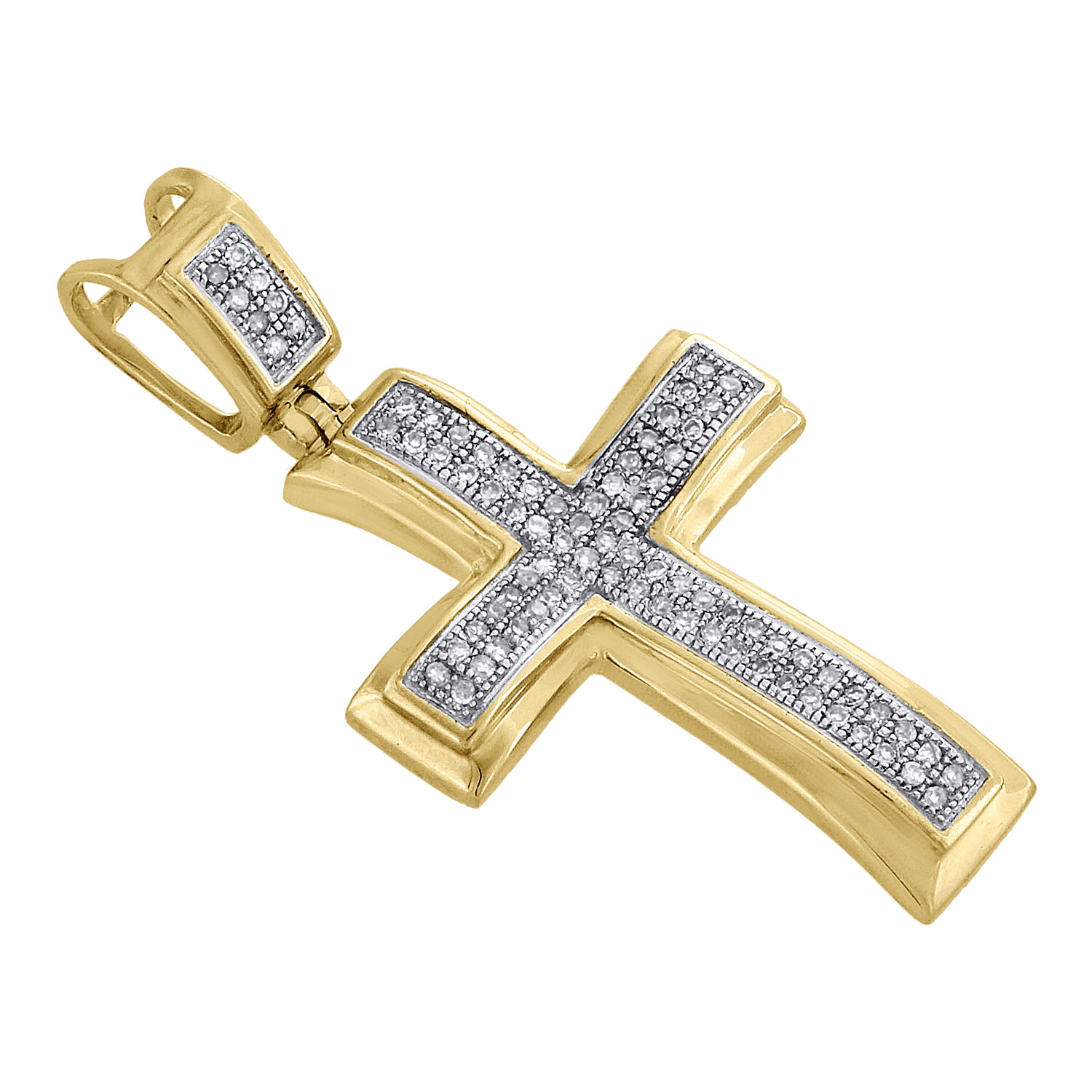 10K Yellow Gold Real Diamond Concave Cross Pendant Pave Set 1.15″ Charm 0.17 CT.
