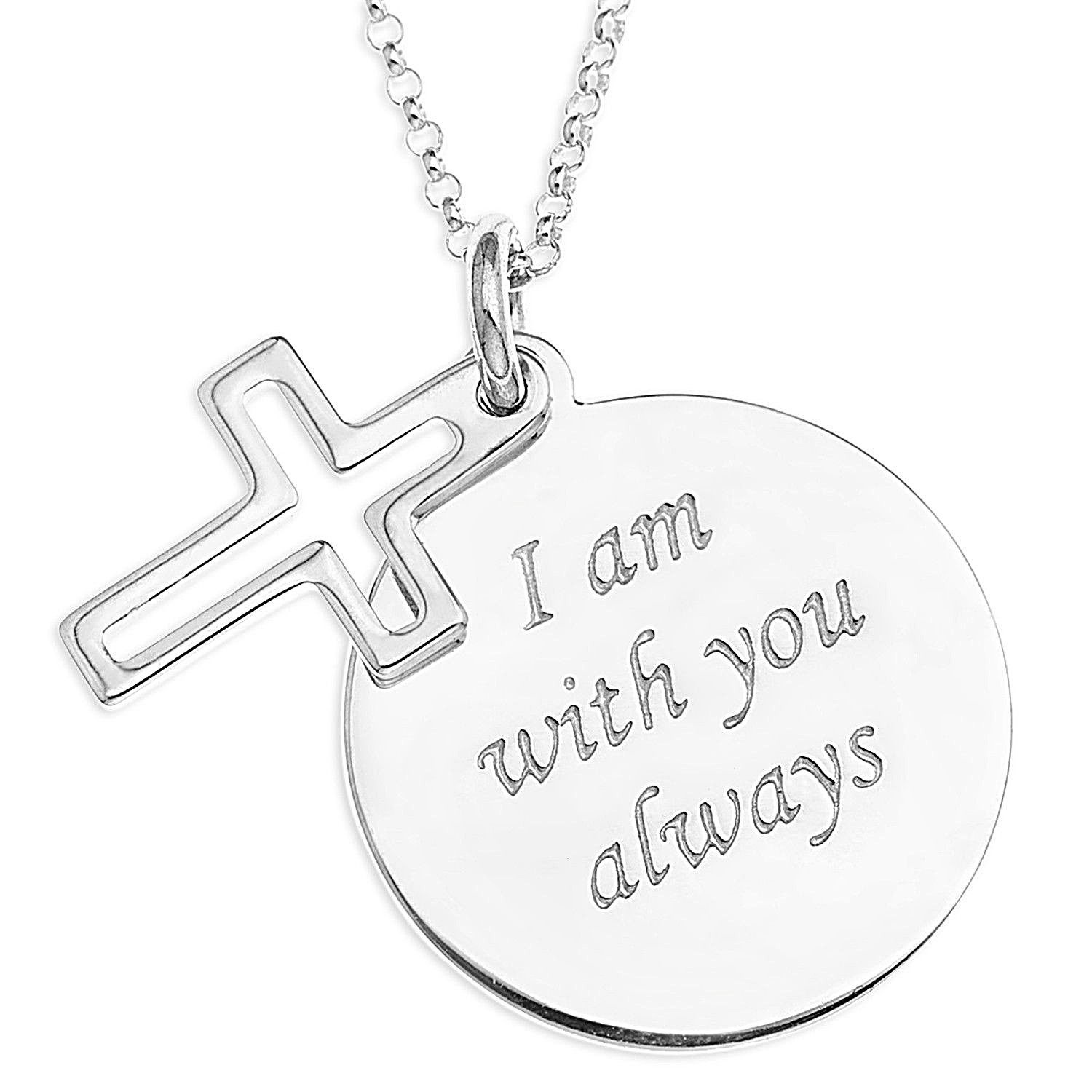 Cross Charm Message Disc Pendent – Sterling Silver, I am with you always