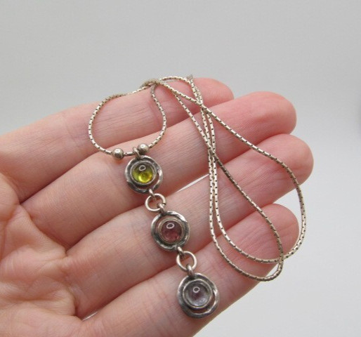 925 Sterling Silver Tourmaline Iolite Pink Yellow Round Disc Stone Necklace