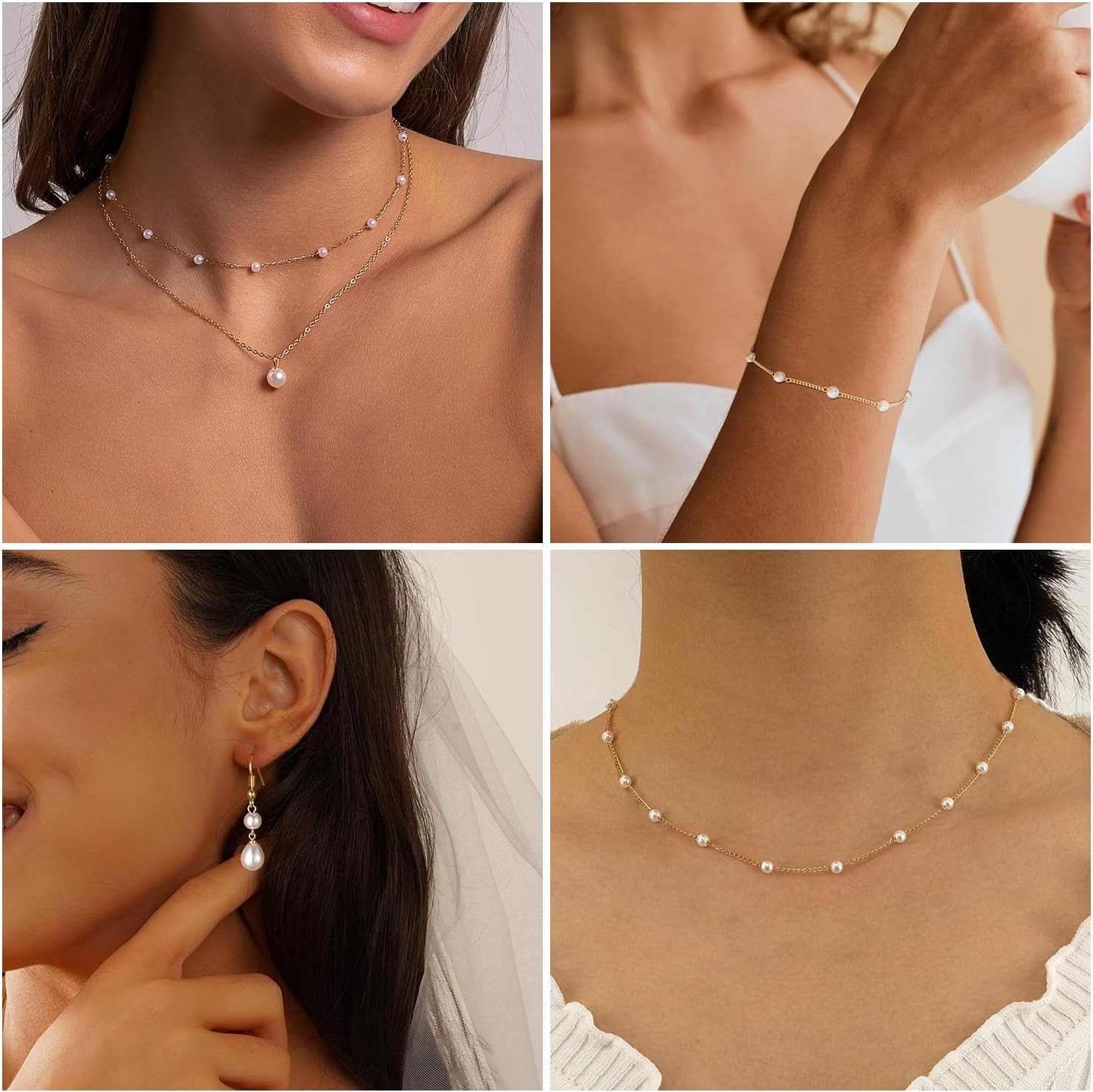 Gold Jewelry Set for Women, Dainty Layered 14K Gold/Silver Pearl Choker Necklace