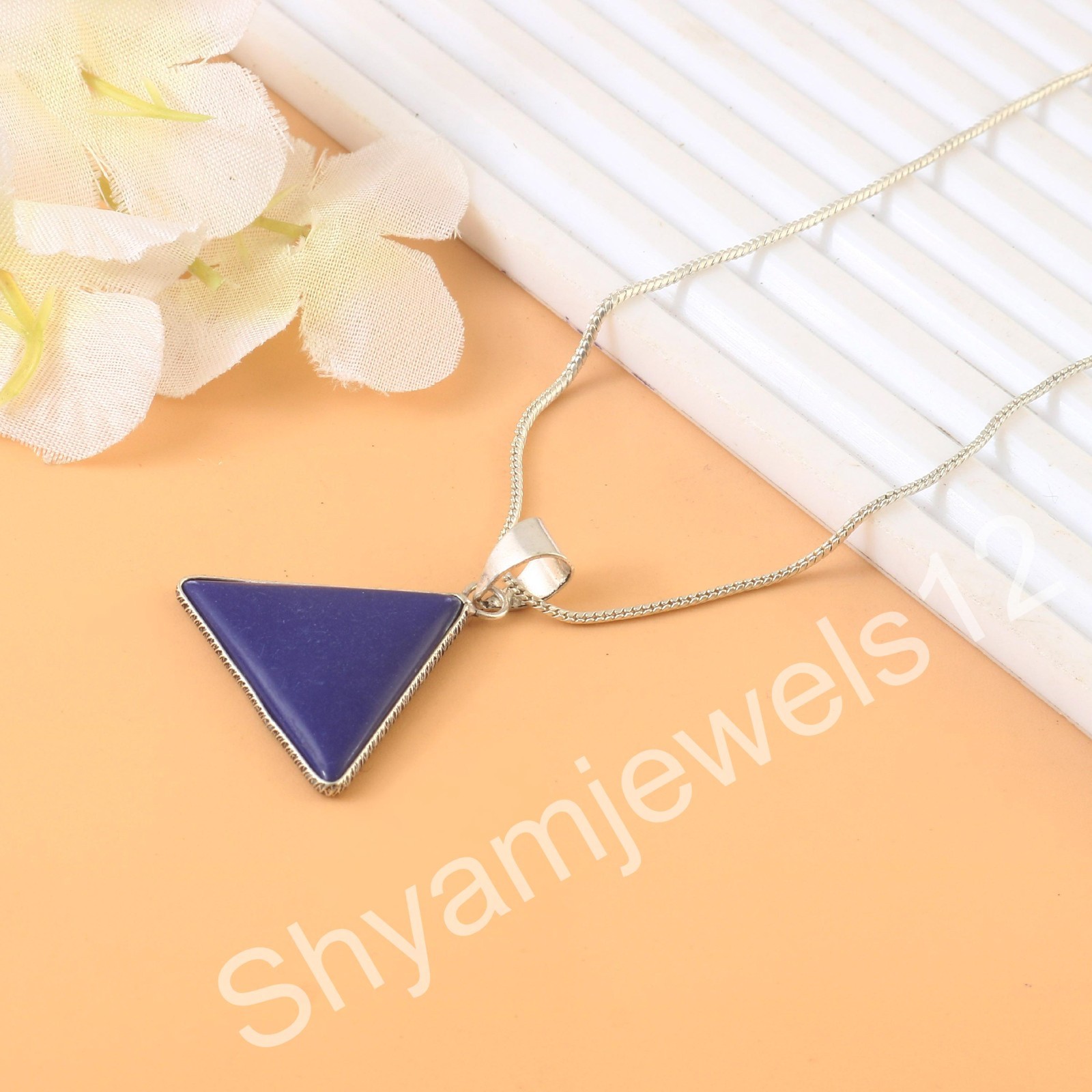 925 Sterling Silver genuine Triangle Lapis Lazuli gemstone Bezel pendant Jewelry