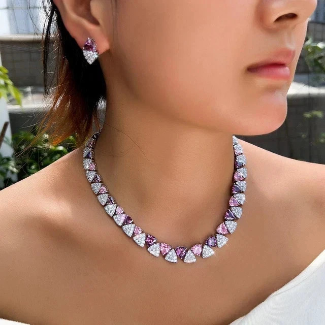 27 Ctw Trillion Cut Lab-Created Multicolor Necklace 14K White Gold Plated Silver