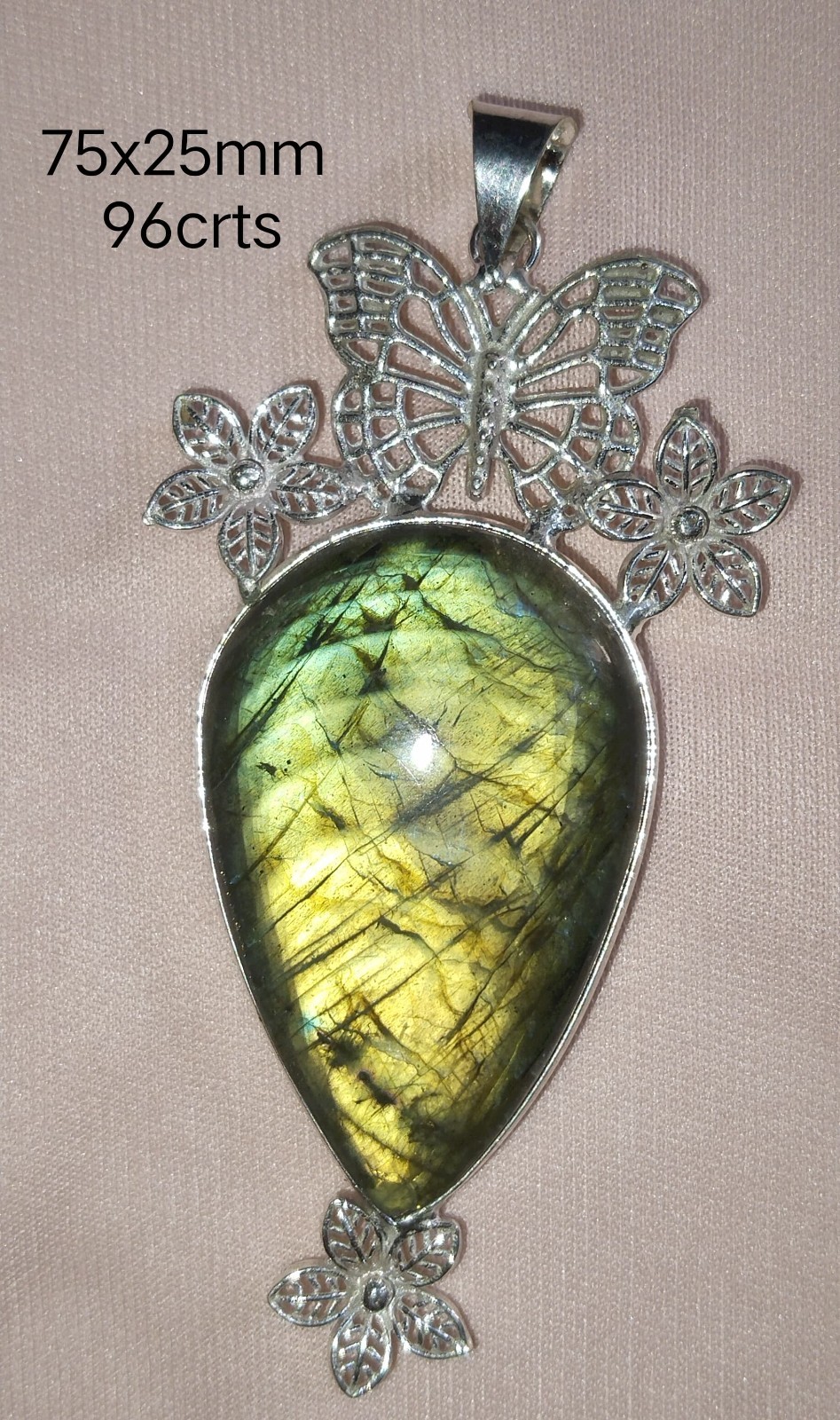 96Crts Spectrolite Labradorite Finland german Silver Pendant Necklace 18 Opens i