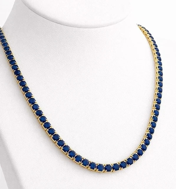 4MM Round Cut Lab Created Blue Sapphire Tennis necklace 14k Yellow Gold Plated