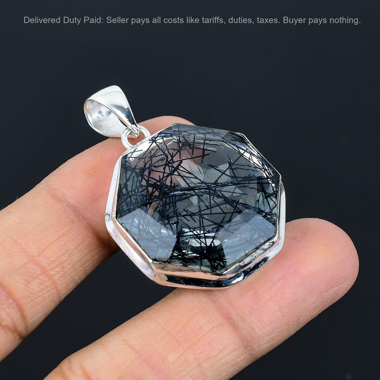 Octagon Black Rutile Gemstone 925 Sterling Silver Anniversary Birthday Pendant