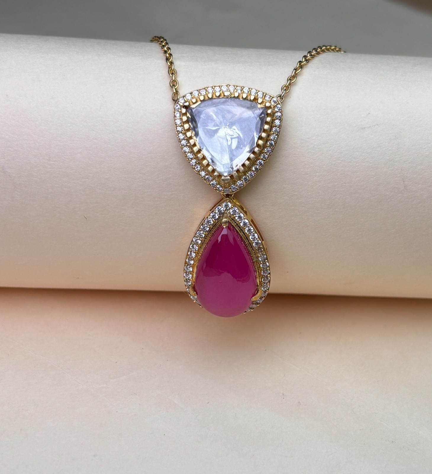 925 Silver Pendant Trillion Clear & Pear Ruby Pink CZ Gold Tone For Women