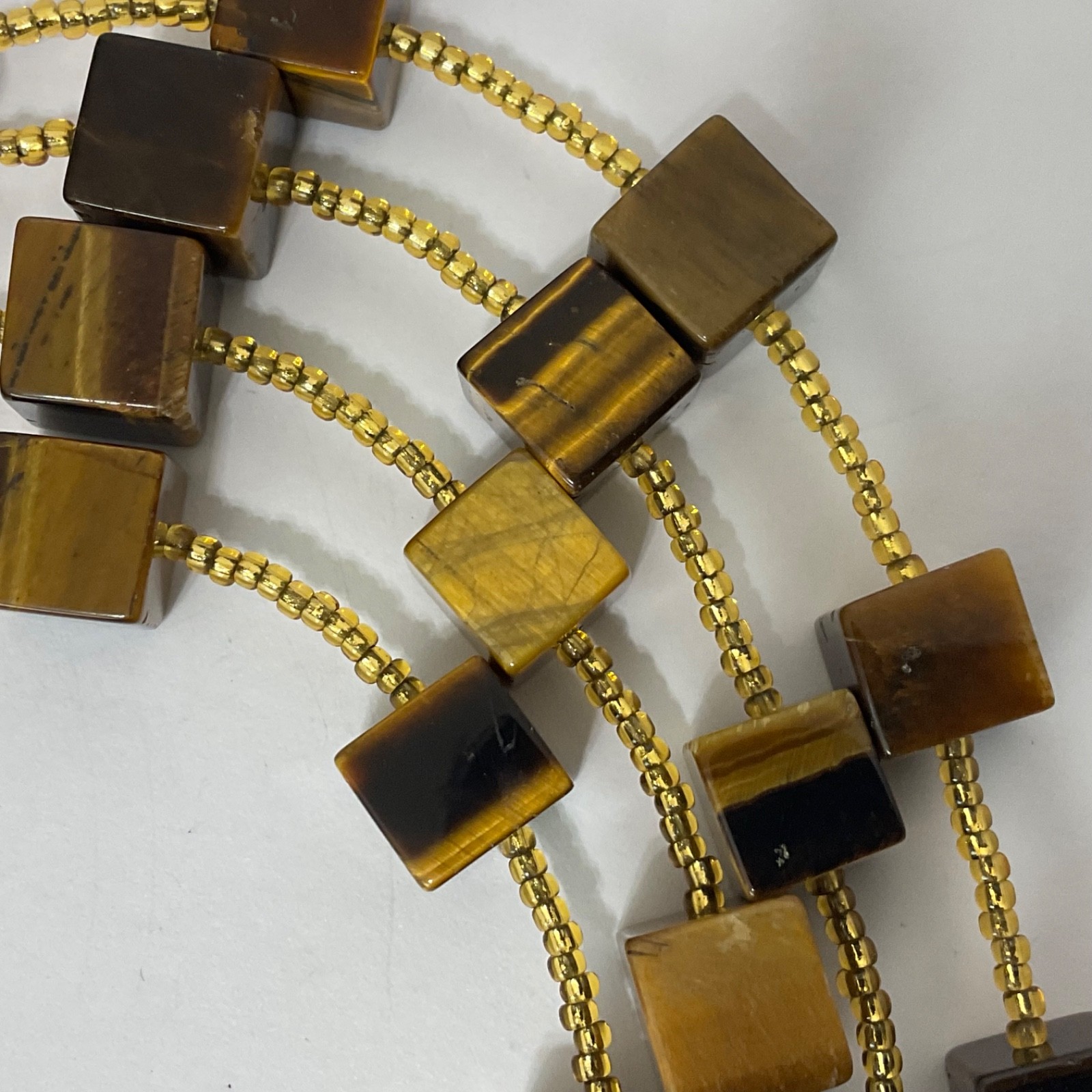 Genuine Tiger’s Eye Cube & Golden Bead Necklace Sterling Silver Toggle 64″ Long