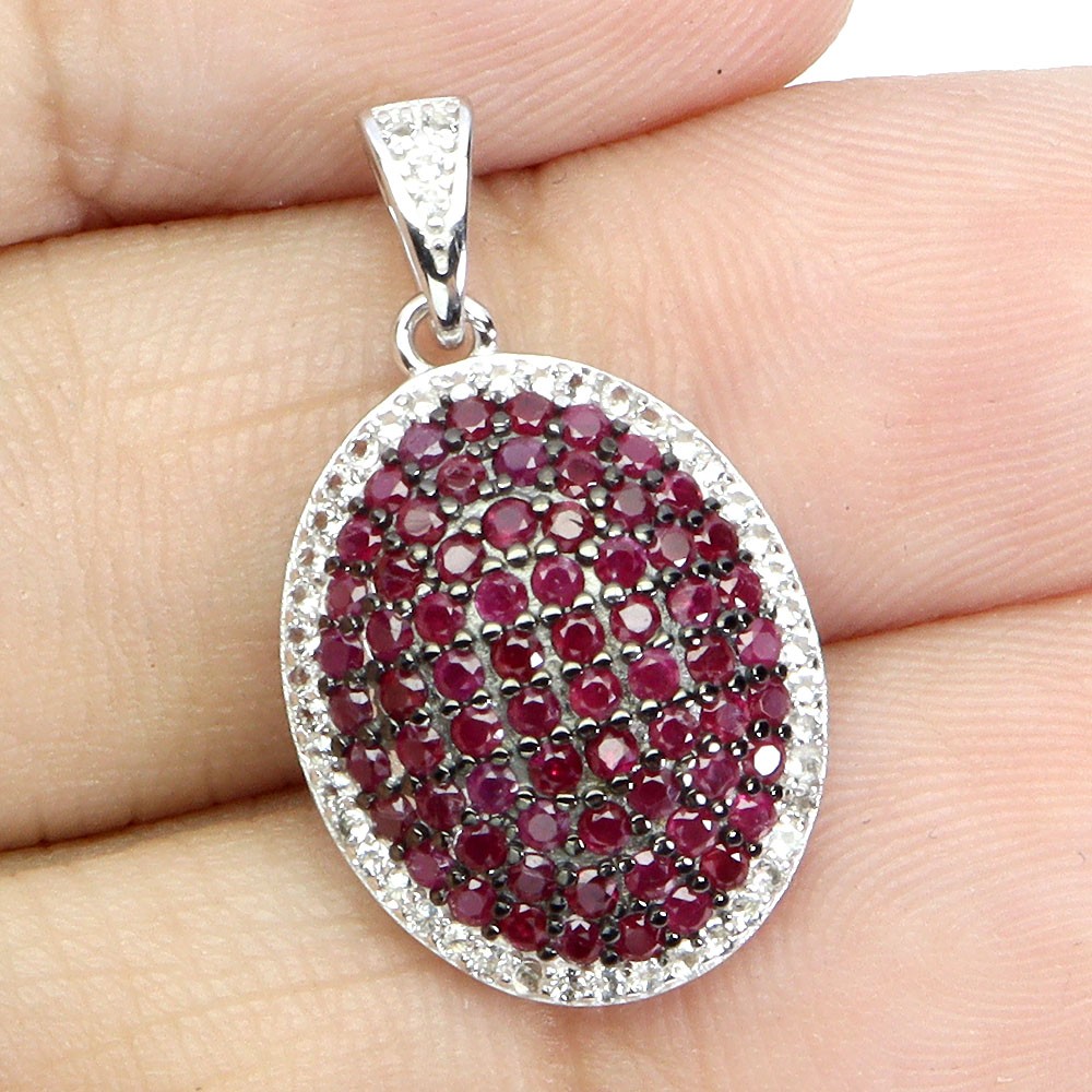 925 Sterling Silver Pendant Ruby Myanmar Round Diamond Cut White Topaz Gemstone
