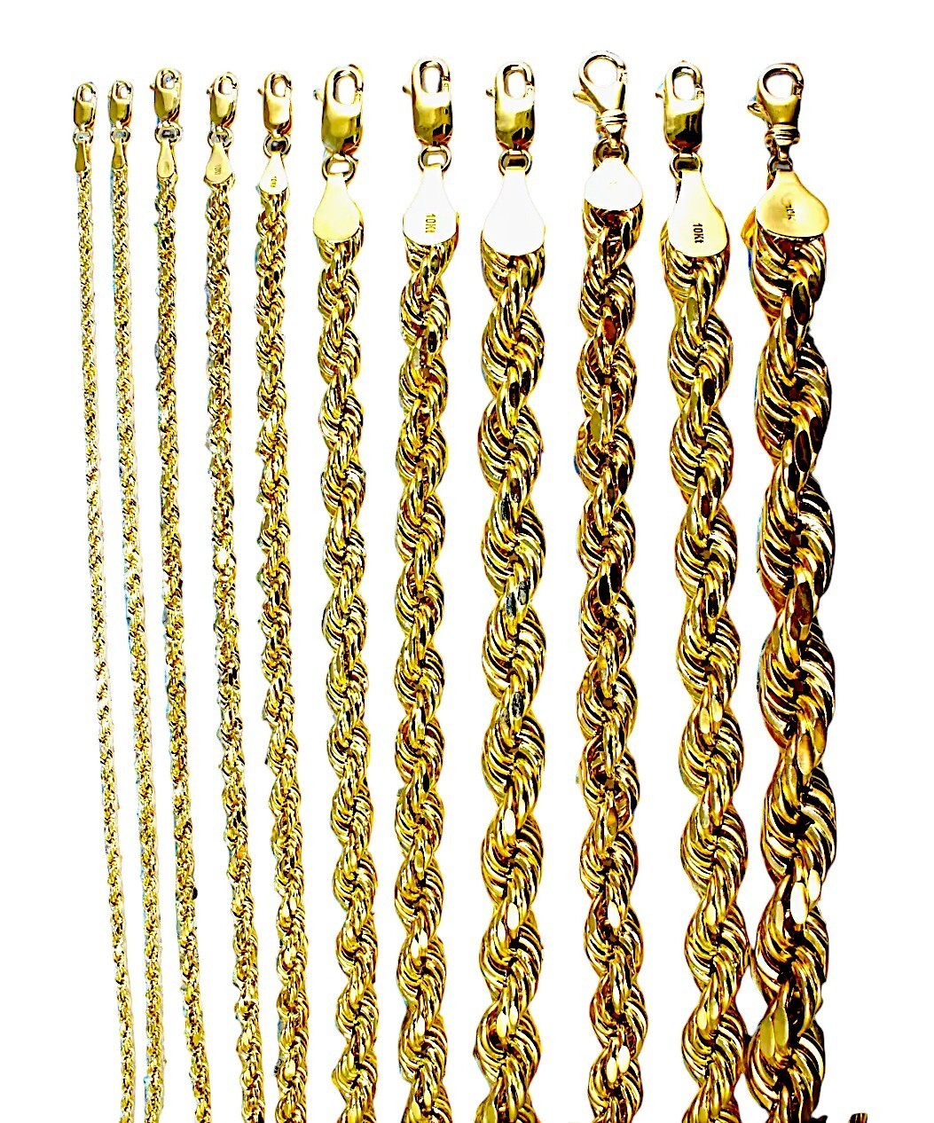 10K Yellow Gold Rope Necklace Bracelet Chain Diamond Cut 2mm-10mm 7″-30″
