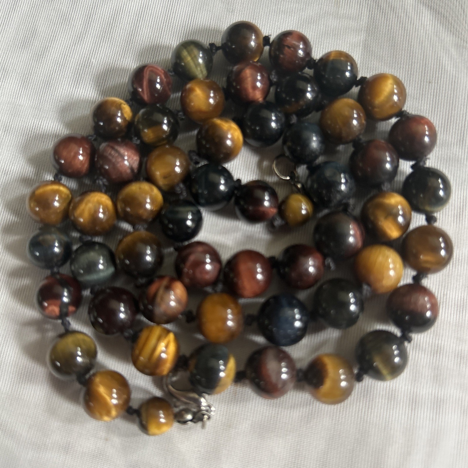 10mm Tiger’s Eye Beaded Necklace Knotted Brown, Red, Black Tones 26” Gemstone