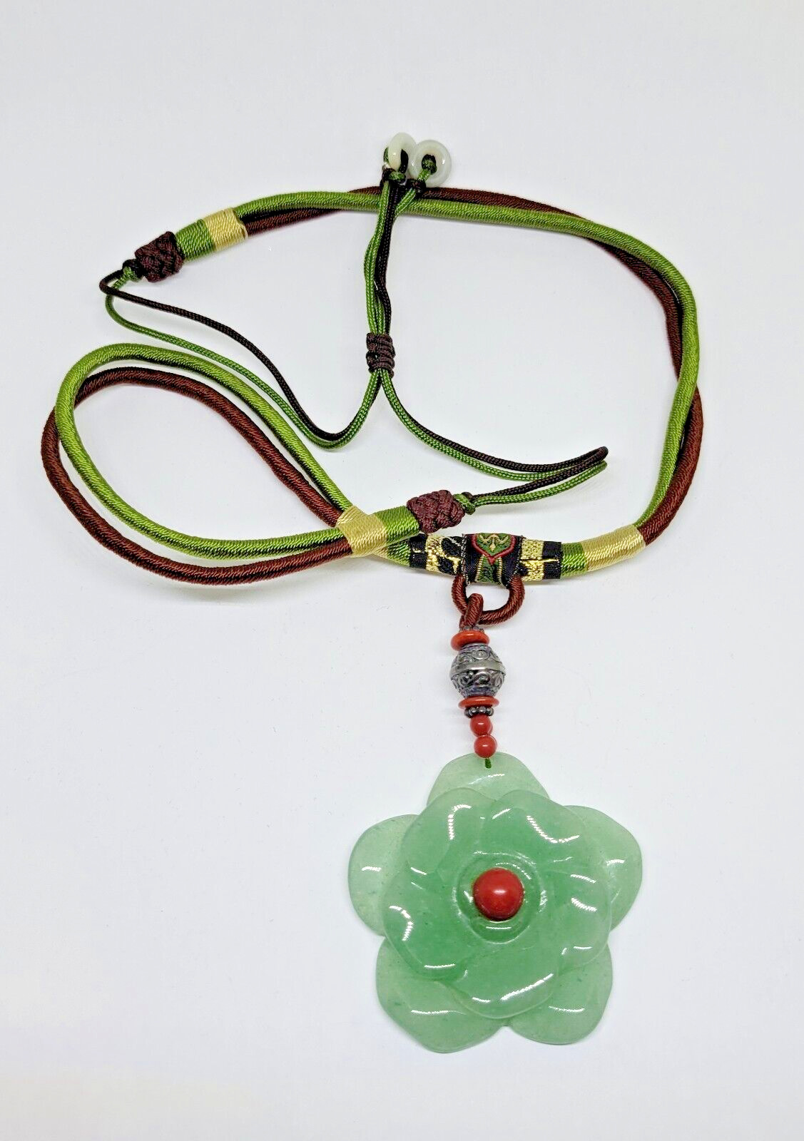 Vintage Estate GSJ Sterling Silver Jade Red Coral Flower Pendant Necklace ~ 25″