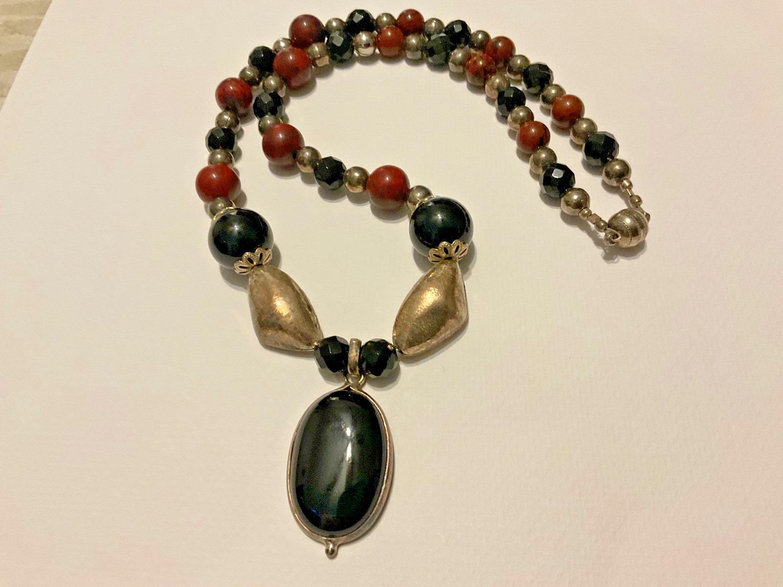 Sterling Silver Black Onyx crystal silver and Carnelian beaded pendent necklace