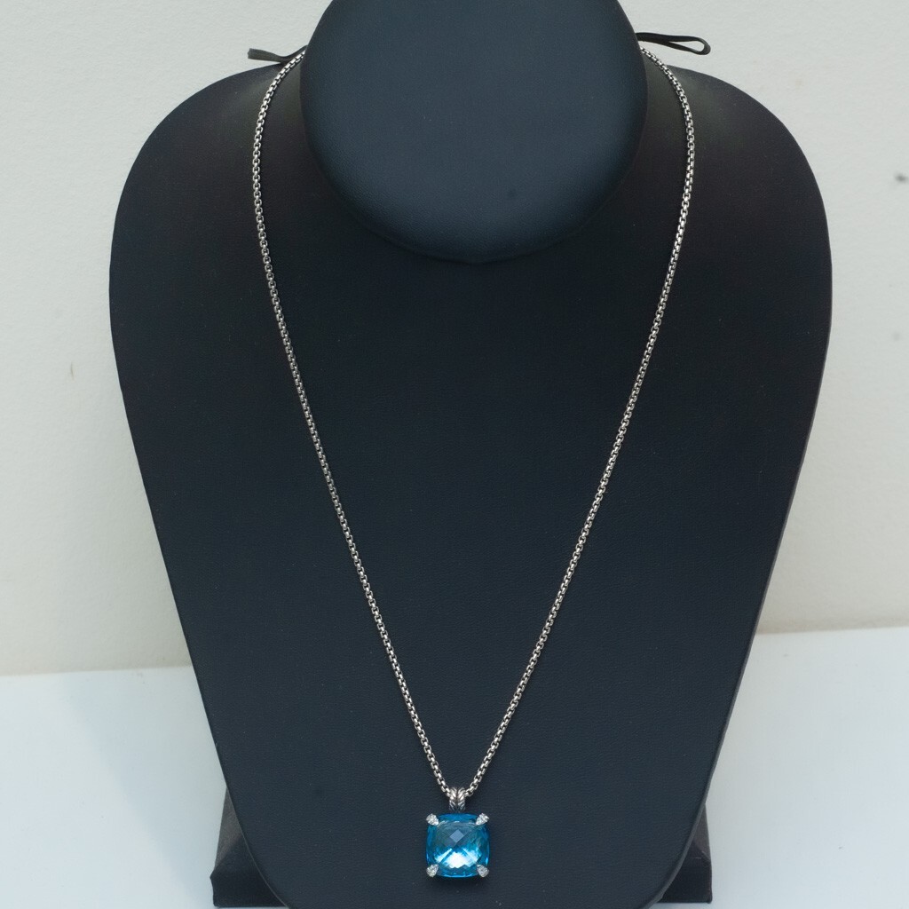 DAVID YURMAN Blue Topaz Silver Diamond 14mm Chatelaine Pendant 18″ Necklace New