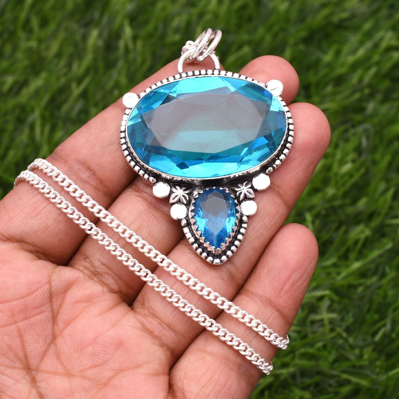 Blue Topaz 925 Sterling Silver Gemstone Handmade Jewelry Pendant 2.15″