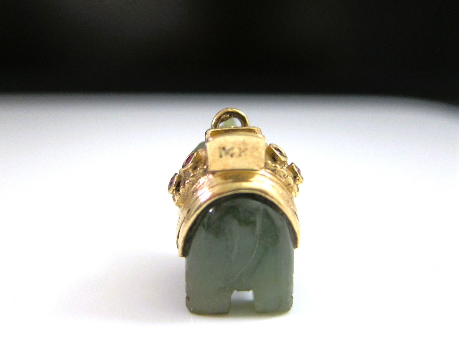Nephrite Jade Elephant w/ 14kt Yellow Gold & Ruby Detail