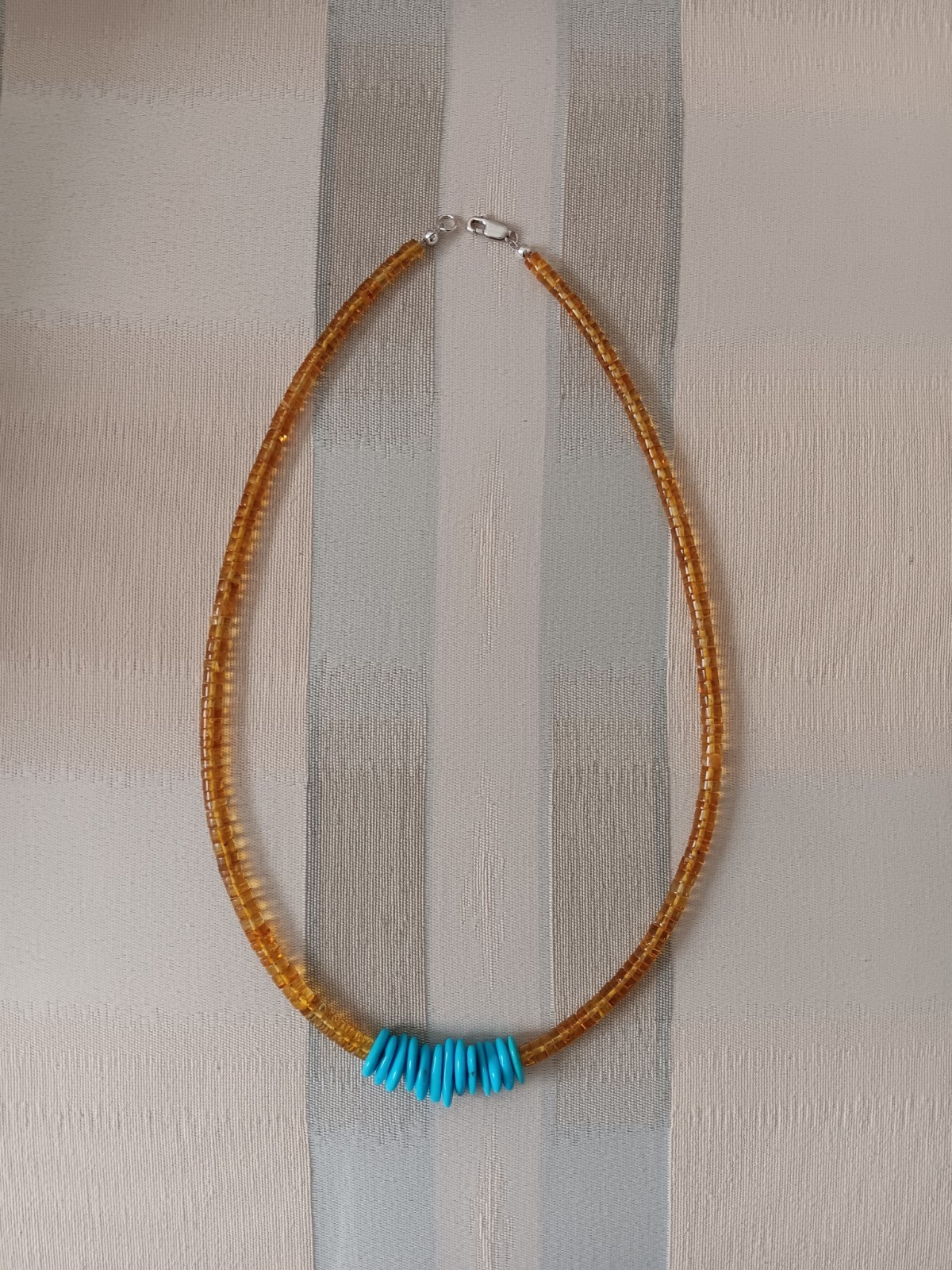 Beautiful Natural Amber Heishi And Sleeping Beauty Turquoise Necklace 21 In 925
