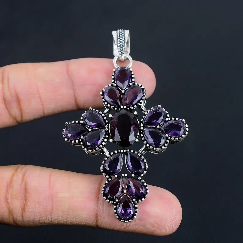 Amethyst Gemstone Cross Pendant 925 Sterling Silver Handmade Jewelry For Gift
