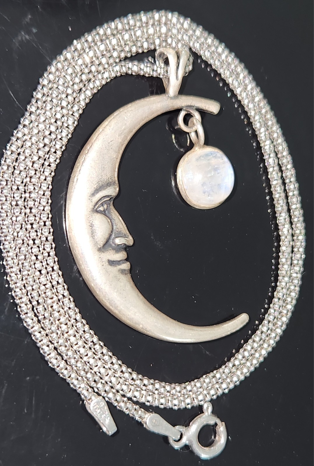STERLING SILVER CRESCENT MOONSTONE CABOCHON/POPCORN CHAIN NECKLACE MADE ITALY