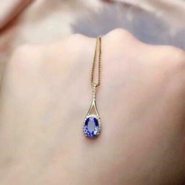2Ct Oval Cut Blue Tanzanite Pendant Solid 14K Yellow Gold Finish Free Chain