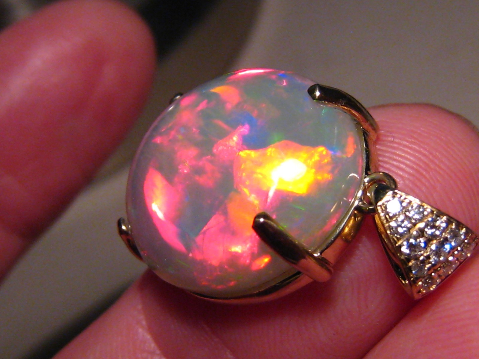Large 16 ct. Ethiopian Opal and Diamond Pendant , 14 k Gold , Red Harlequin