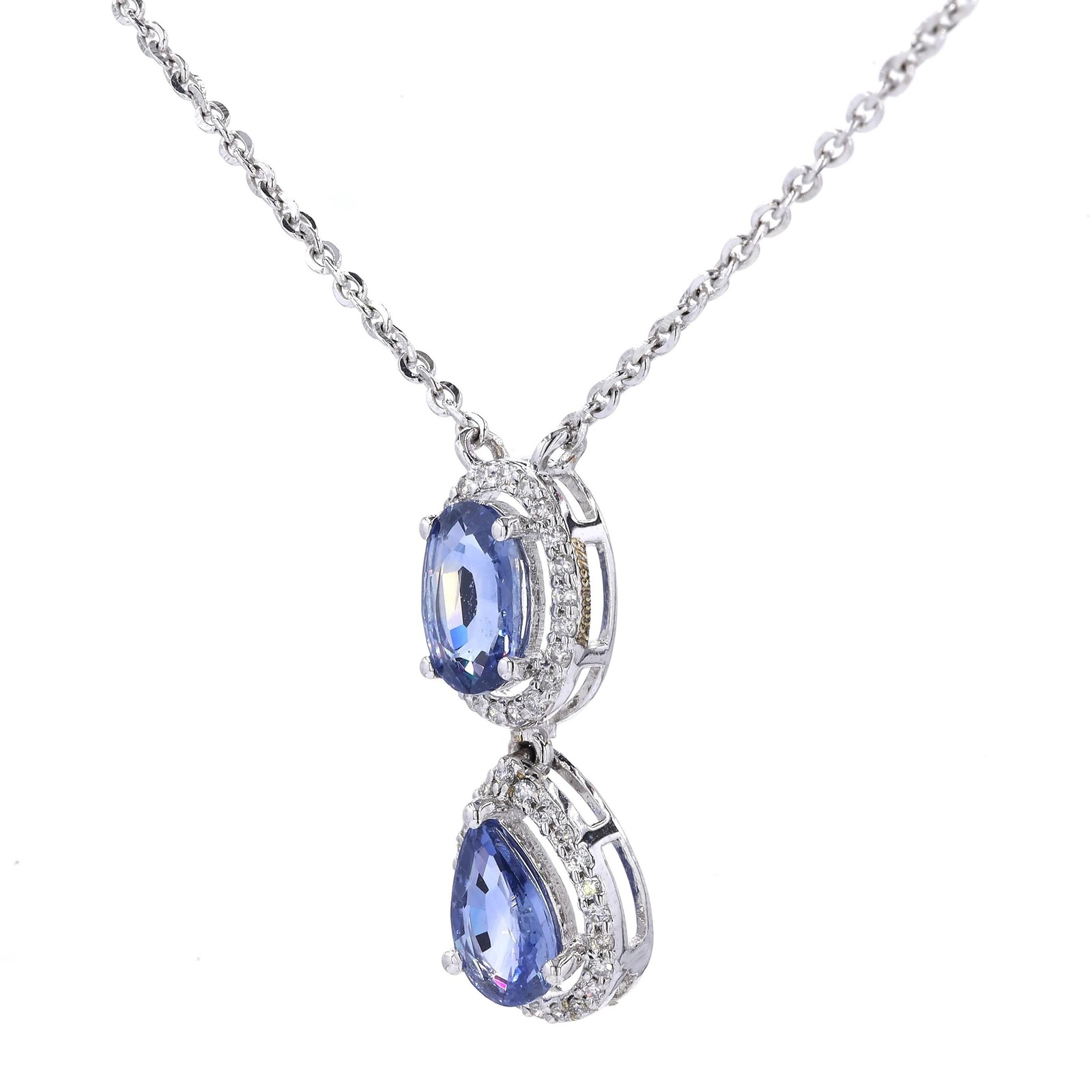 0.87ct Natural Sapphire Double Drop Pendant Necklace 14K Solid Gold Halo Pave