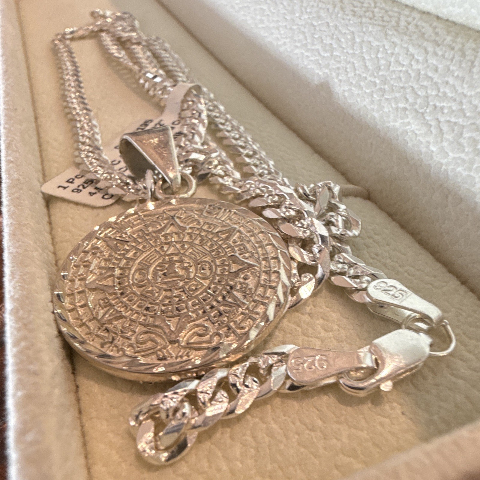 SOLID 925 Cuban Chain 22” 4.5mm (26g) w Round Silver Aztec Pendant