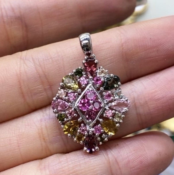 Natural Multi-Color Tourmaline Diamond Shape 925 Sterling Silver Pendant