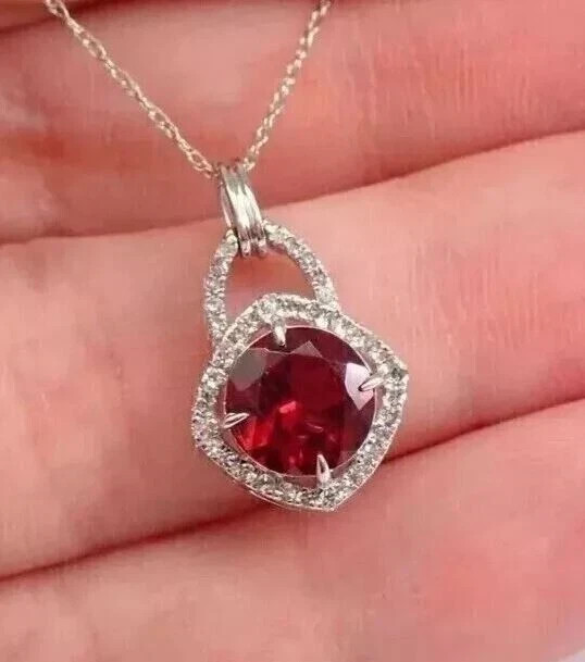 2CT Round Cut Lab Created Red Ruby Women’s Beauty Pendant 14K White Gold Plated