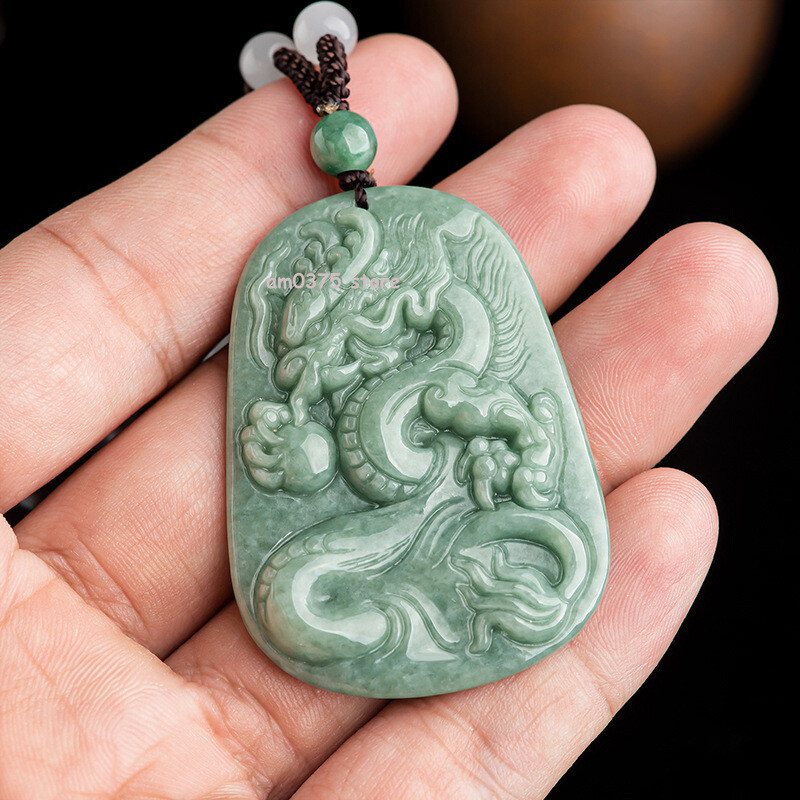 Natural A Grade Jade Women Men Bean Green Dragon Play Bead Jadeite Pendant