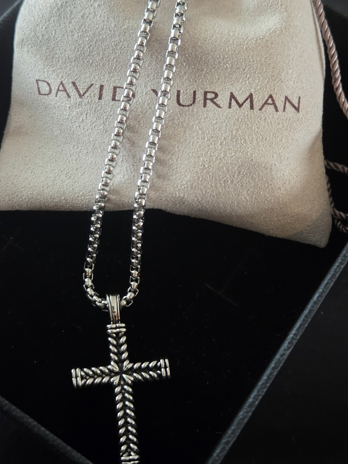 925 Silver David Yurman Chevron Cross with Pave Black Diamonds 22 inches
