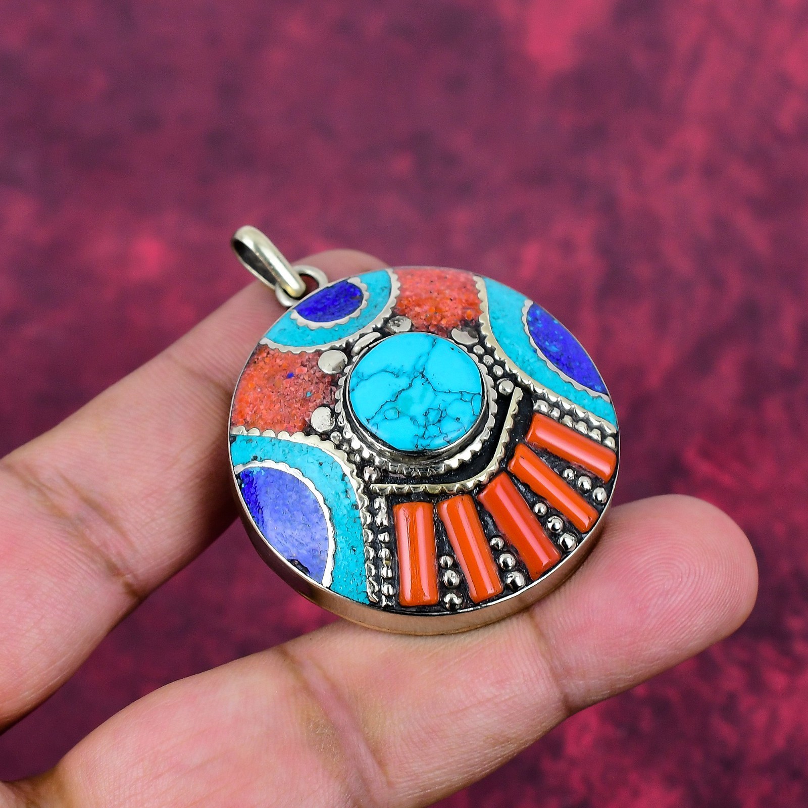 Turquoise, Coral Gemstone Handmade 925 Sterling Silver Nepali Pendant Jewelry